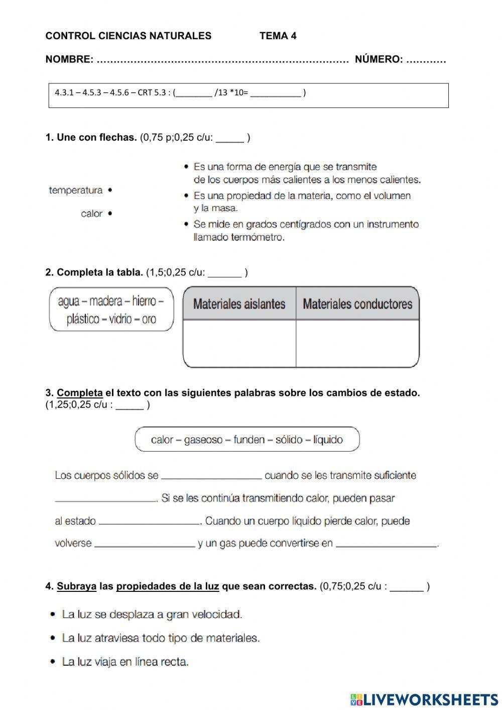 CIENCIAS NATURALES - EXAMEN TEMA  CALOR, LUZ, ELECTRICIDAD Y MÁQUINAS