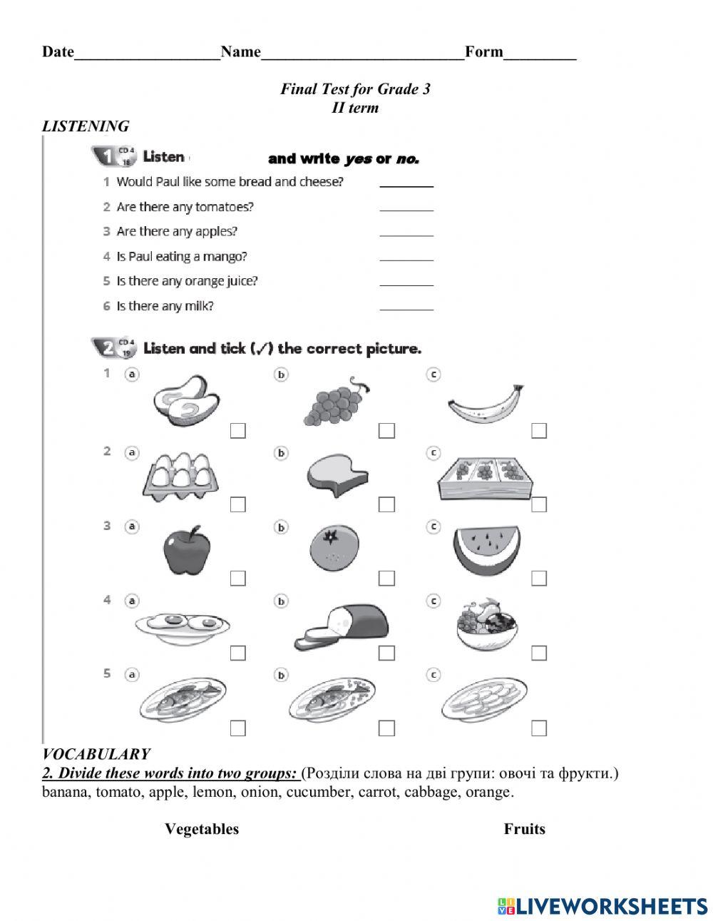 Final Test Term II Grade 3 (Quick Minds3)