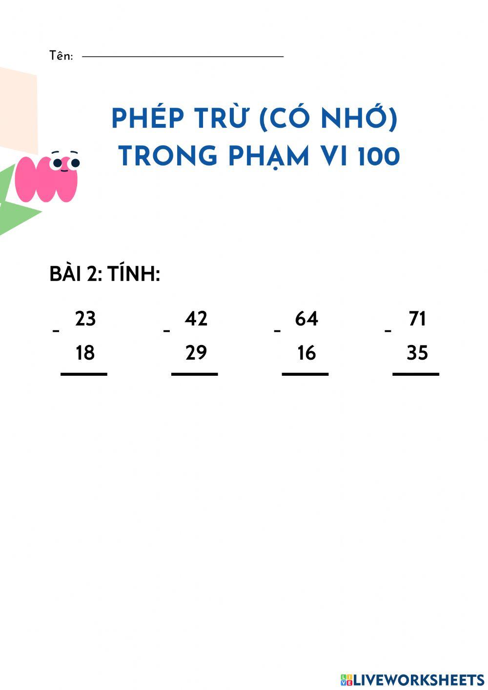 Phép trừ có nhớ phạm vi 100