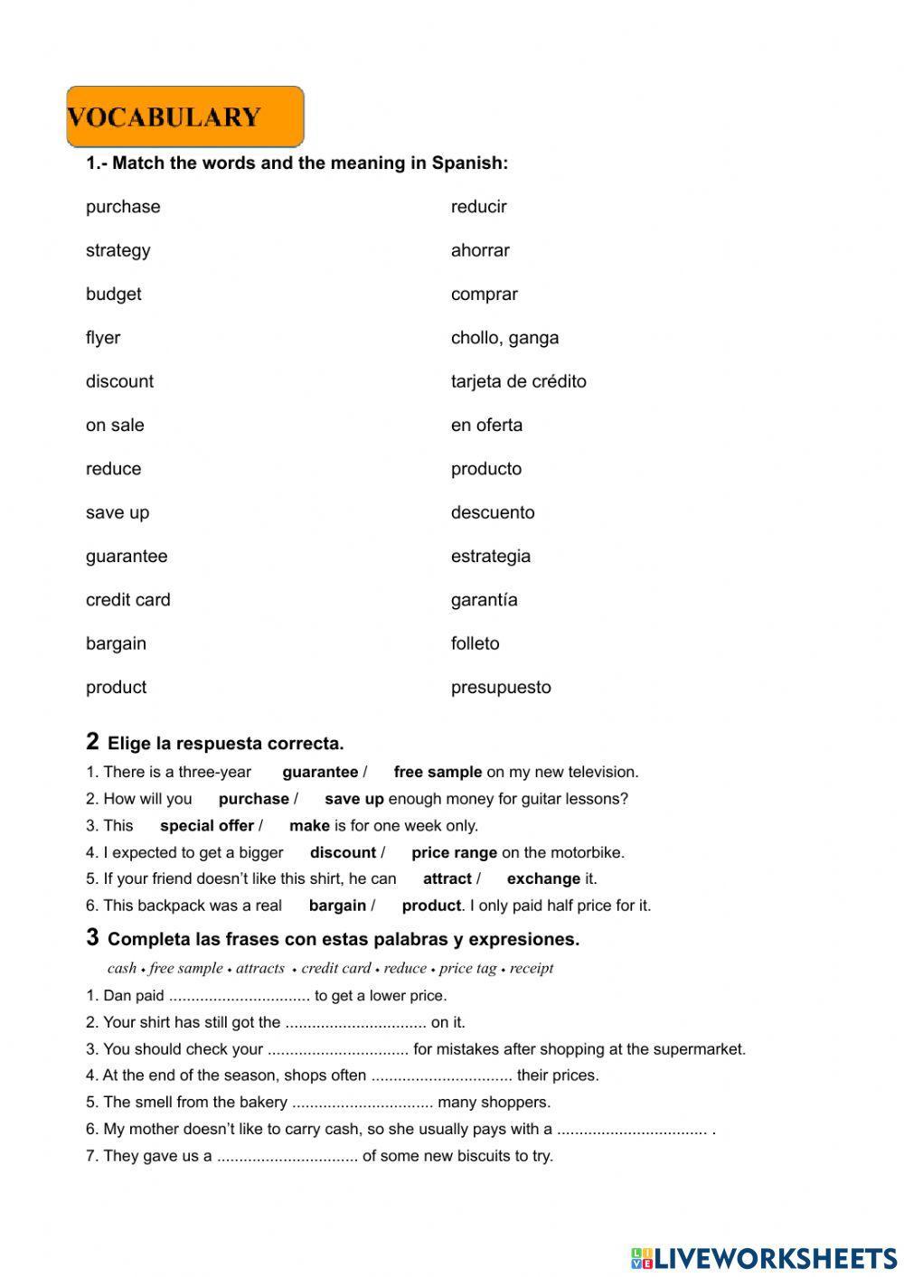VOCABULARY Shopping New English in Use 4º