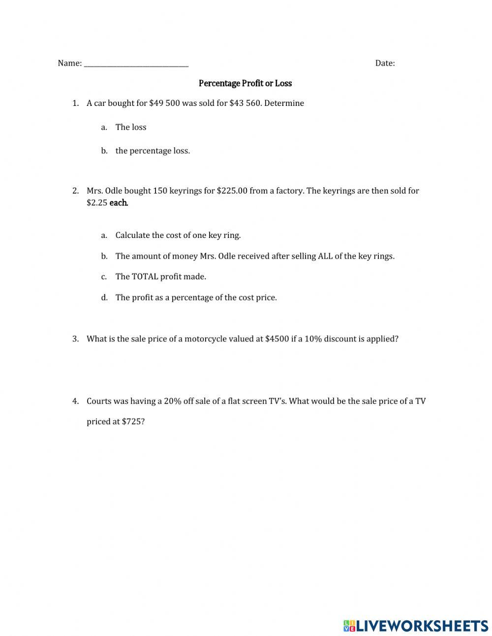 Percentage Profit and Loss