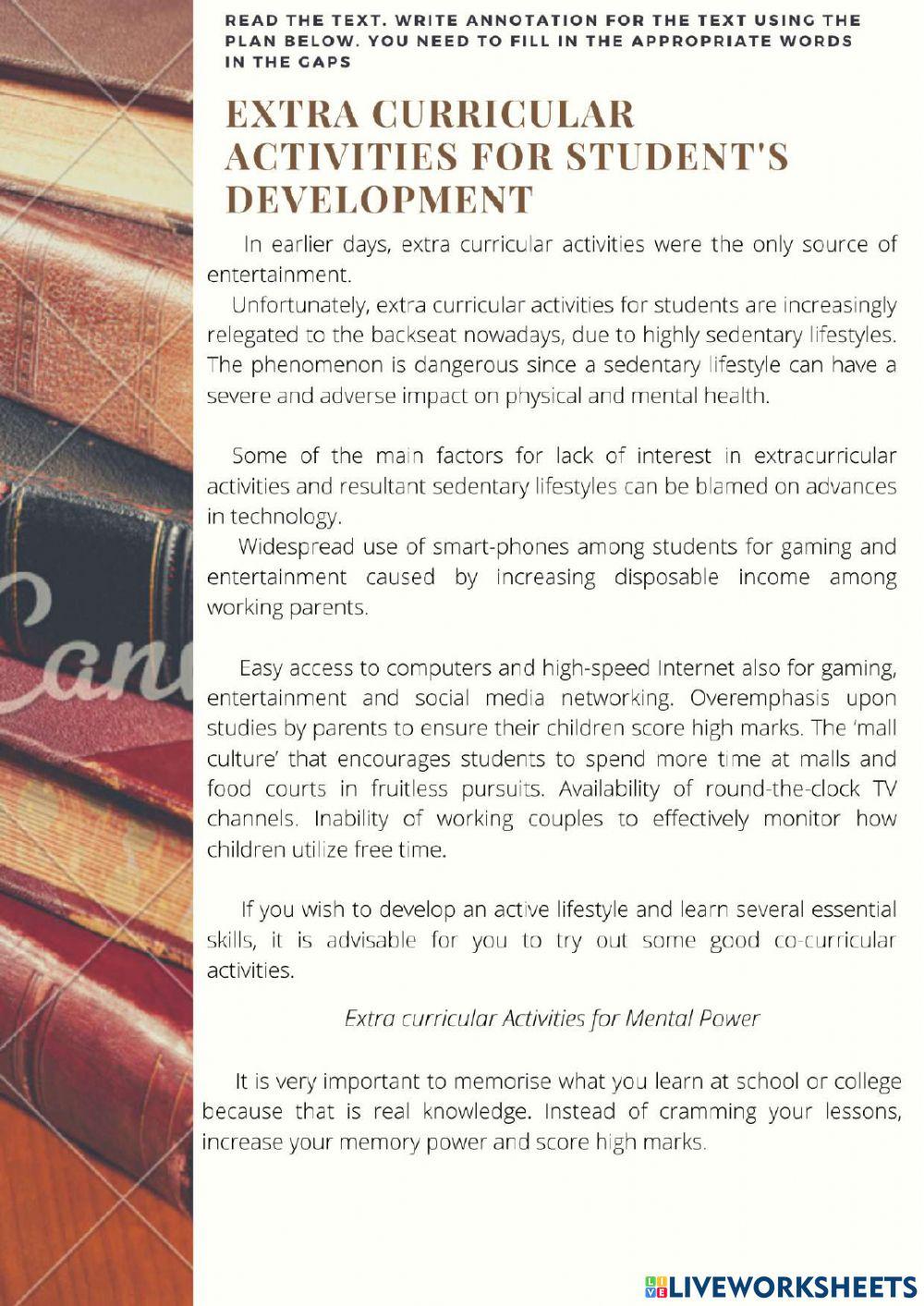 Annotation of the text Extra Curricular Activities for Student’s Development