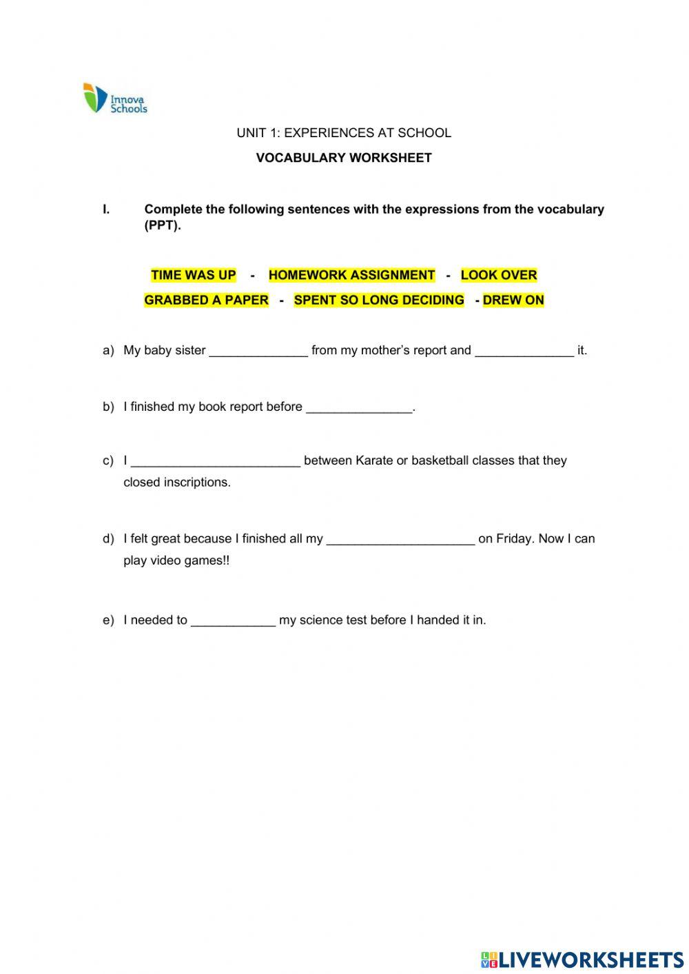 Vocabulary - school experiences