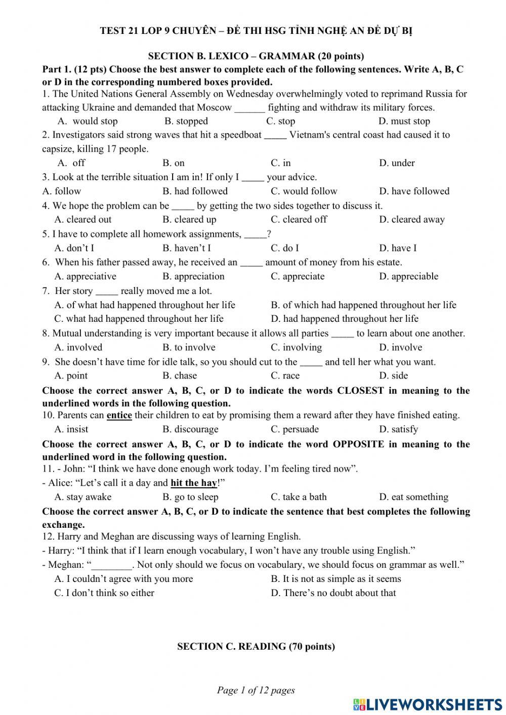 Test 21 lop 9 chuyen