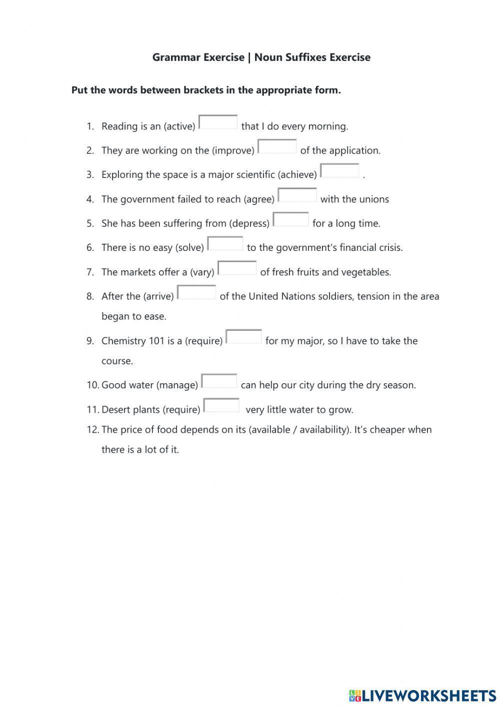 Grammar Exercise - Noun Suffixes Exercise