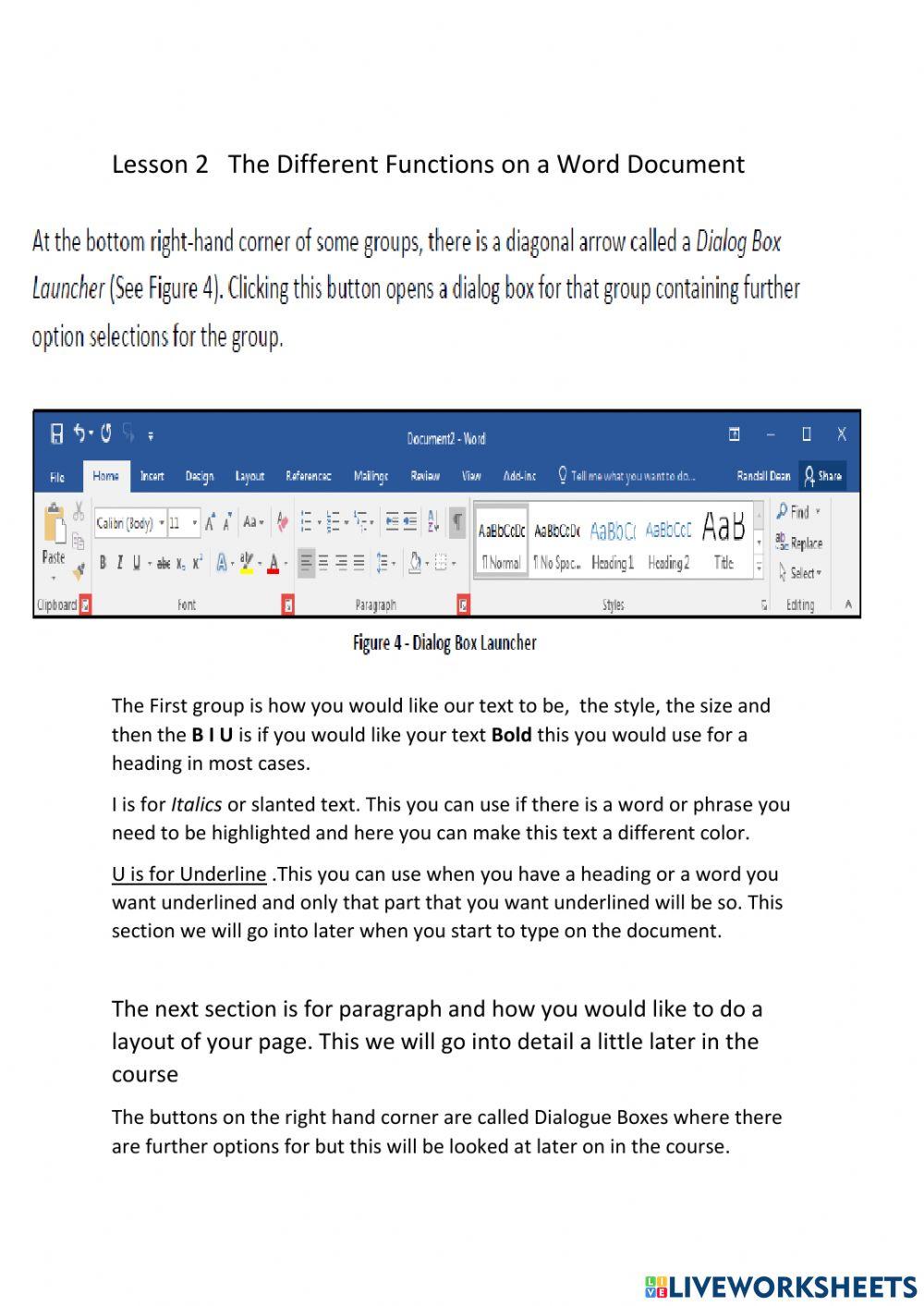 Lesson 2 Different Functions on a Word Document worksheet | Live Worksheets
