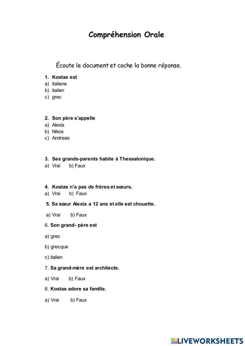 COMPREHENSION ORALE - Ma famille