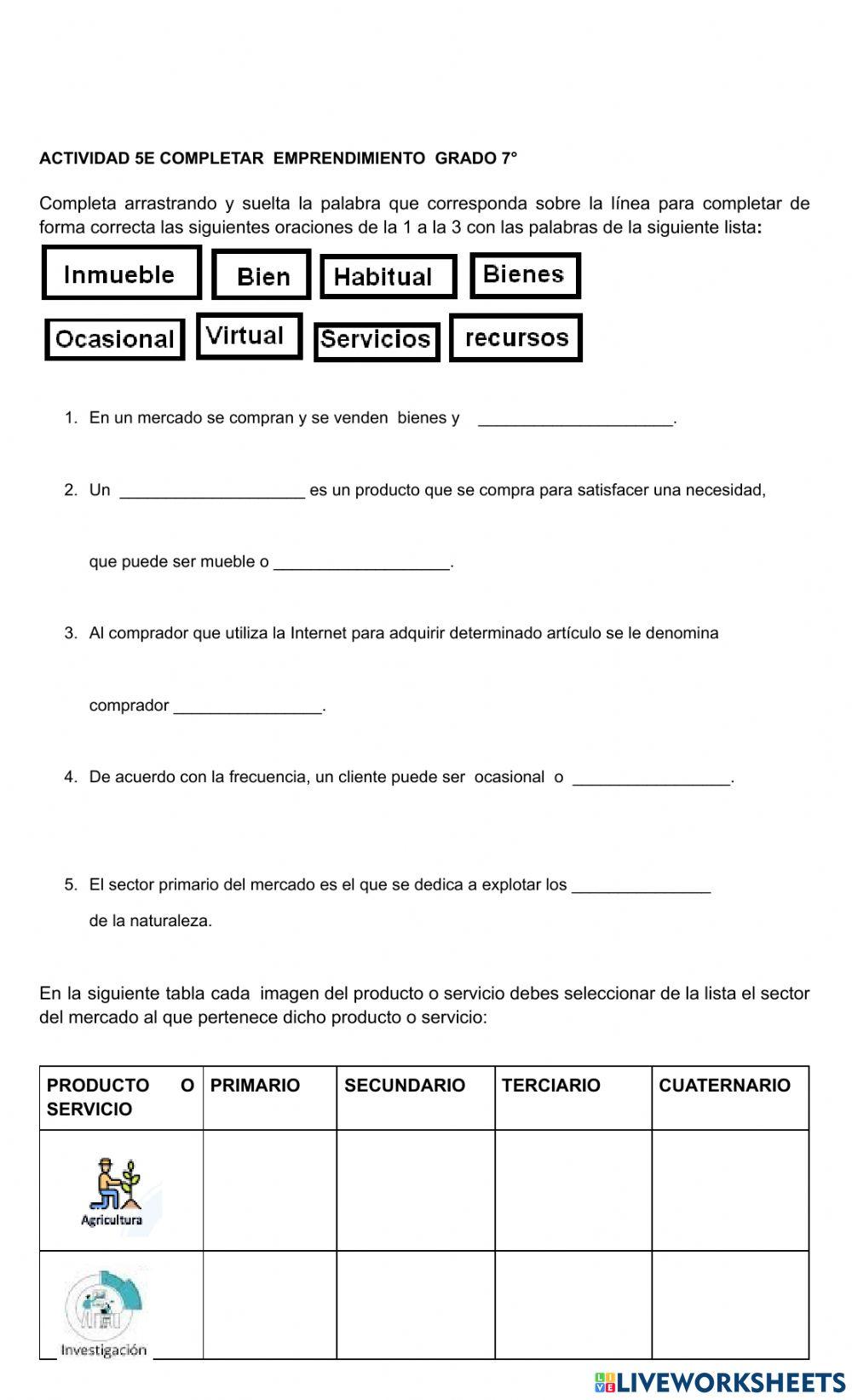 Actividad 5e completar  emprendimiento  grado 7°