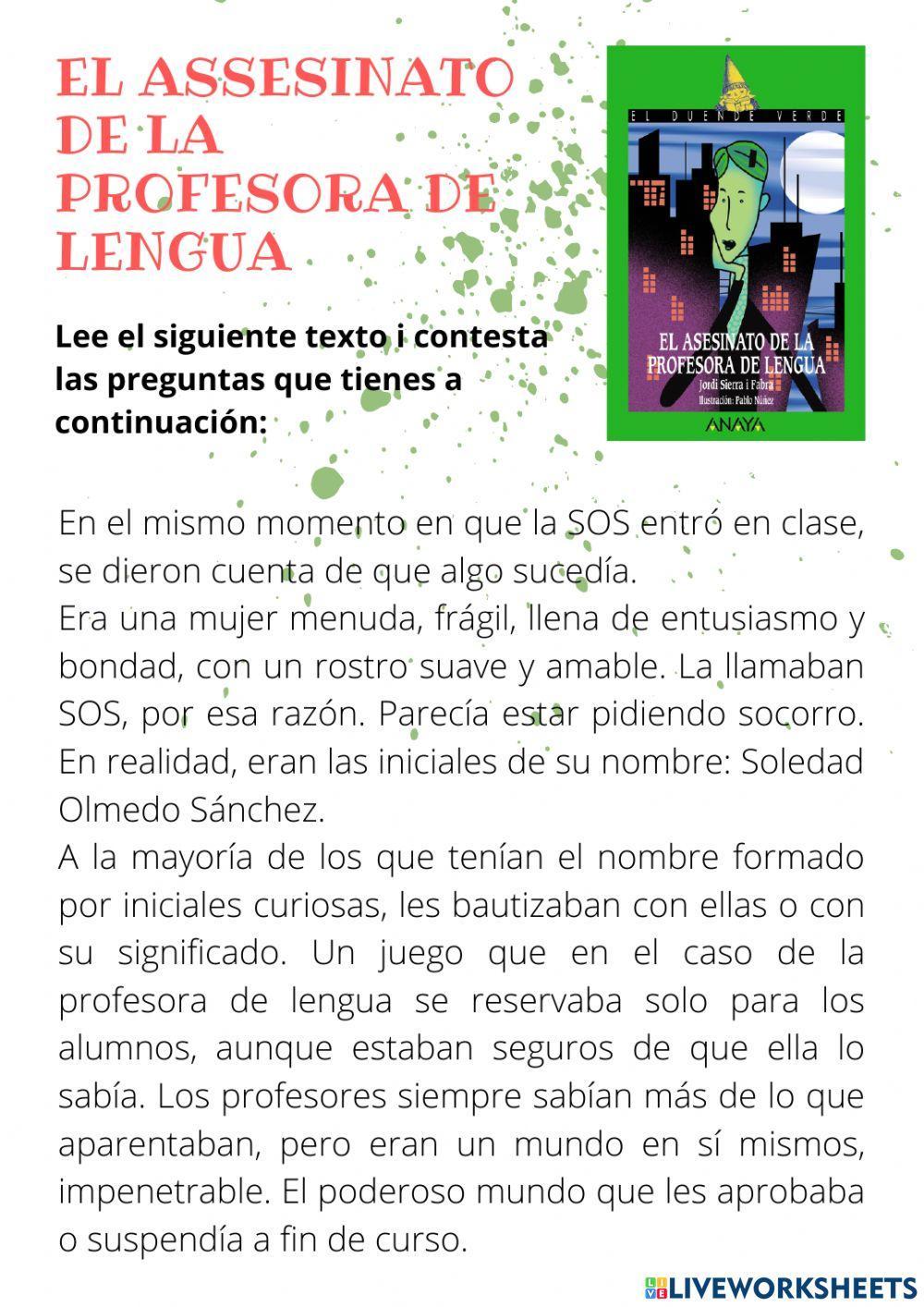 Comprensión lectora Asesinato de la profesora de lengua