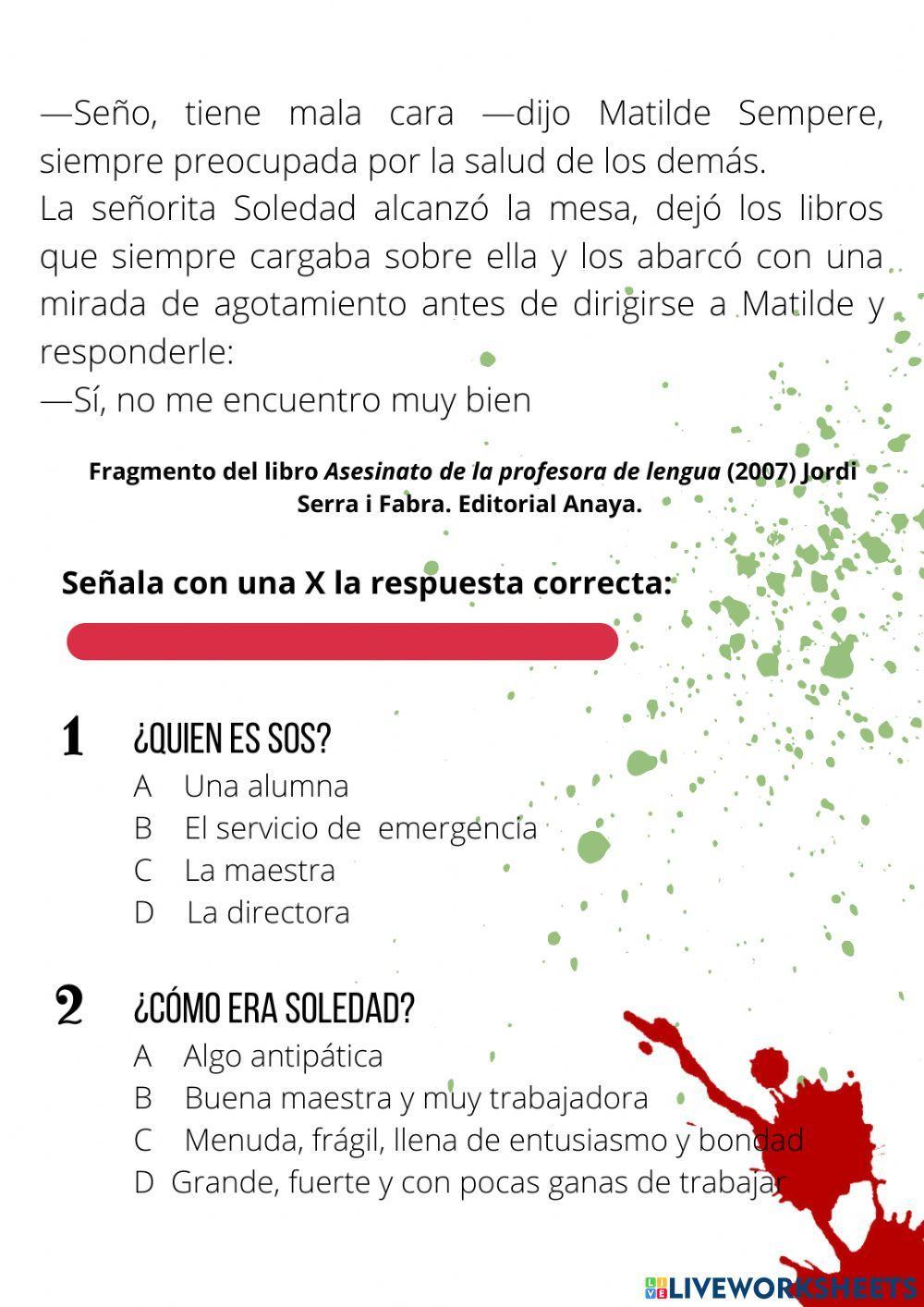 Comprensión lectora Asesinato de la profesora de lengua