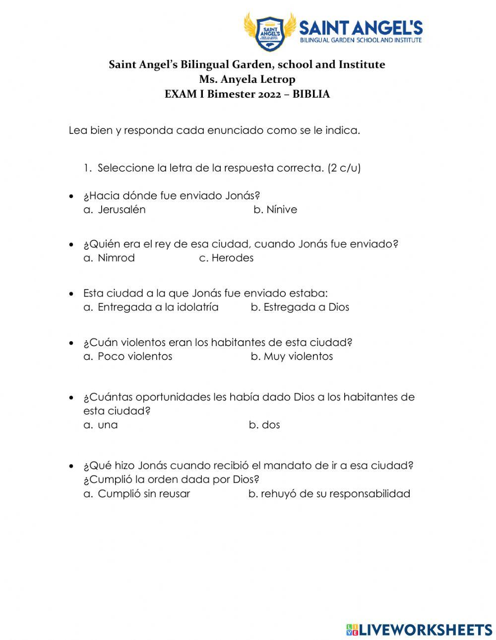 Examen de Biblia, Colegio, 1 parcial