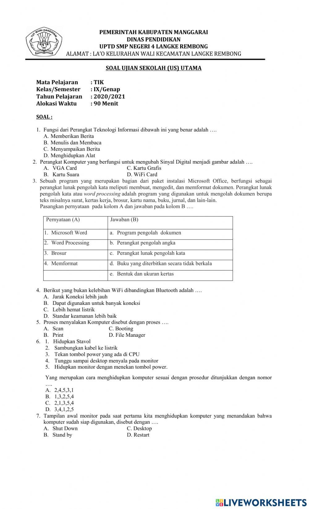 UAS Kelas 9 Online Exercise For | Live Worksheets