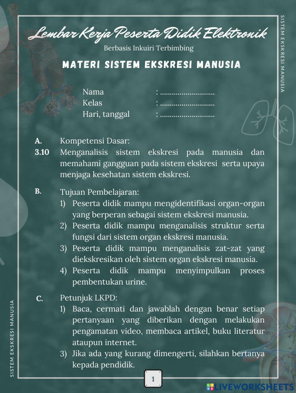 LKPD Elektronik Berbasis Inkuiri Terbimbing Materi Sistem Ekskresi Manusia 1