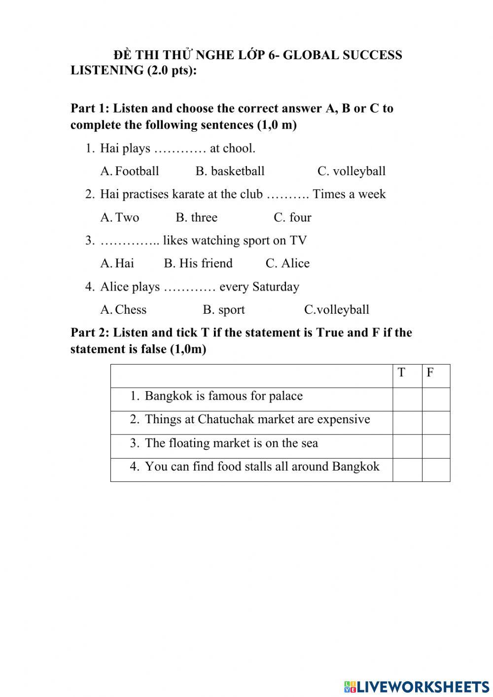 Đề thi nghe tiếng anh 6- globalsuccess