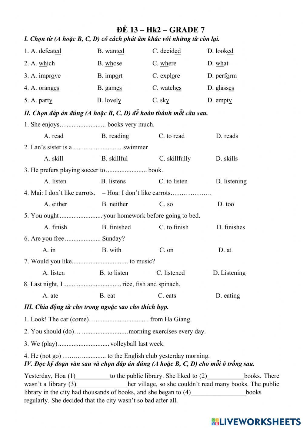 Đề 13 - Hk2 - Gr.7