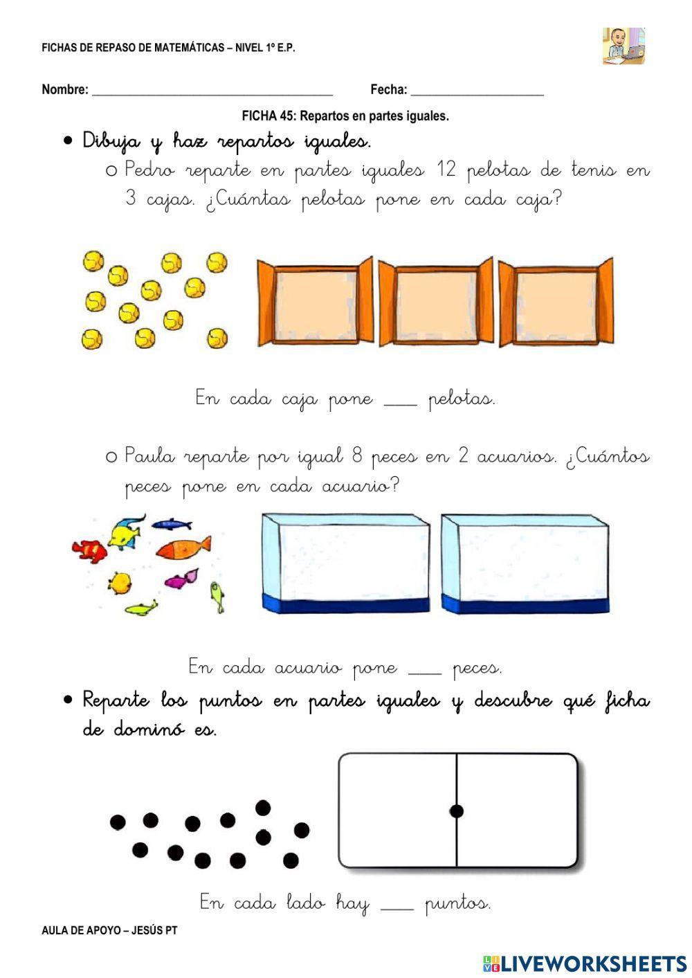 Ficha Matemáticas 45-1EP-Repartos en partes iguales