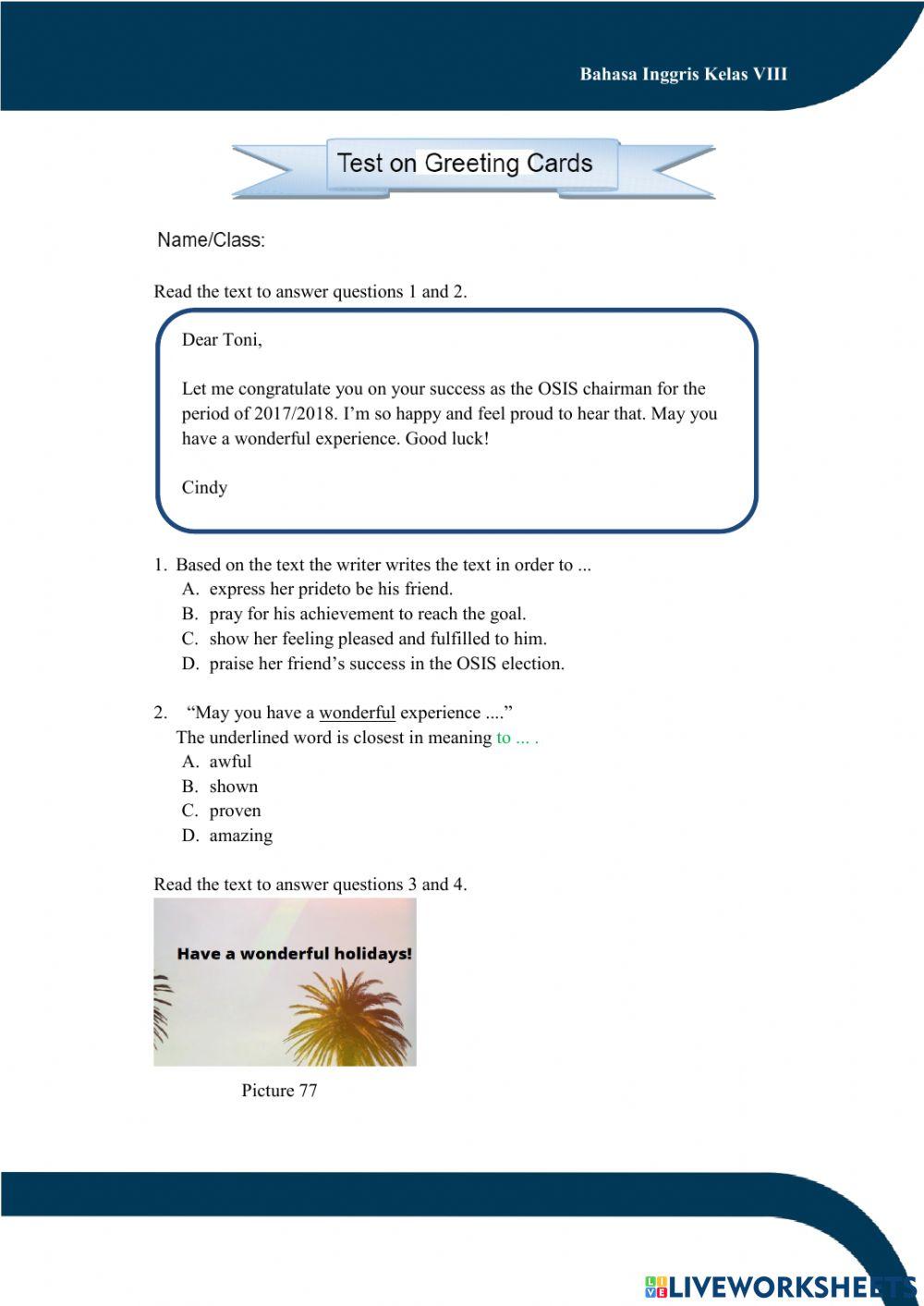 Test on Greeting Cards for 8th Grade