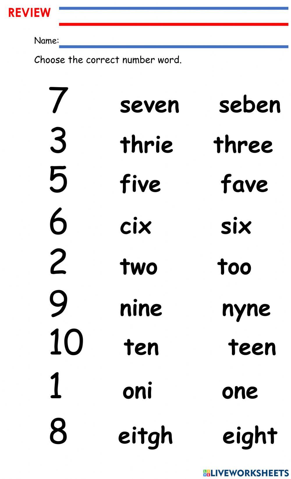 Number word activity | Live Worksheets