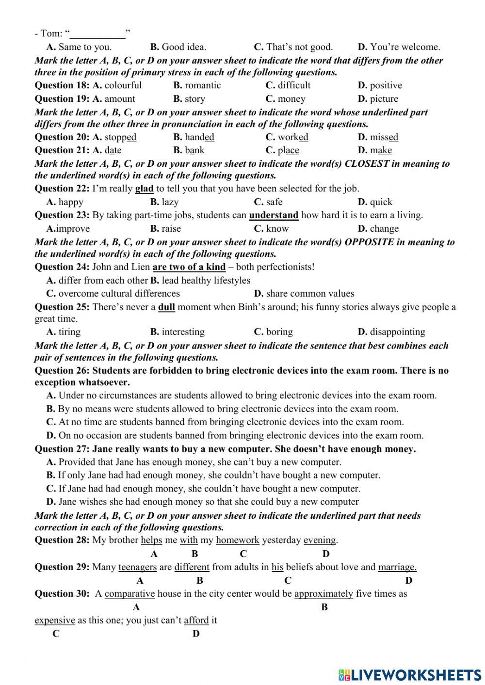 Đề tham khảo TNTHPT Anh 2022