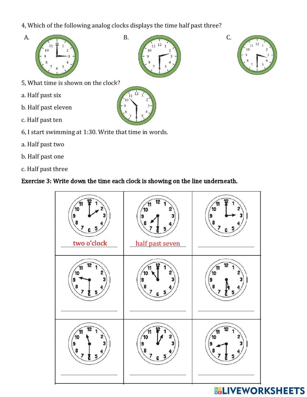 Grade 2 - Reading the time to the half hour