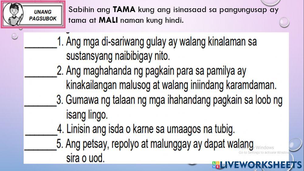 UNANG PAGSUBOK: TAMA O MALI online exercise for Live Worksheets