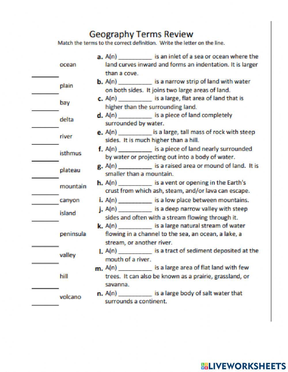 Ocean floor and geographic vocabulary quiz online exercise for live