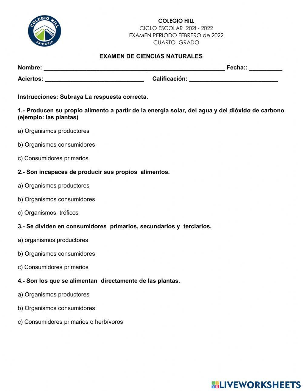 Examen ciencias naturales 4°