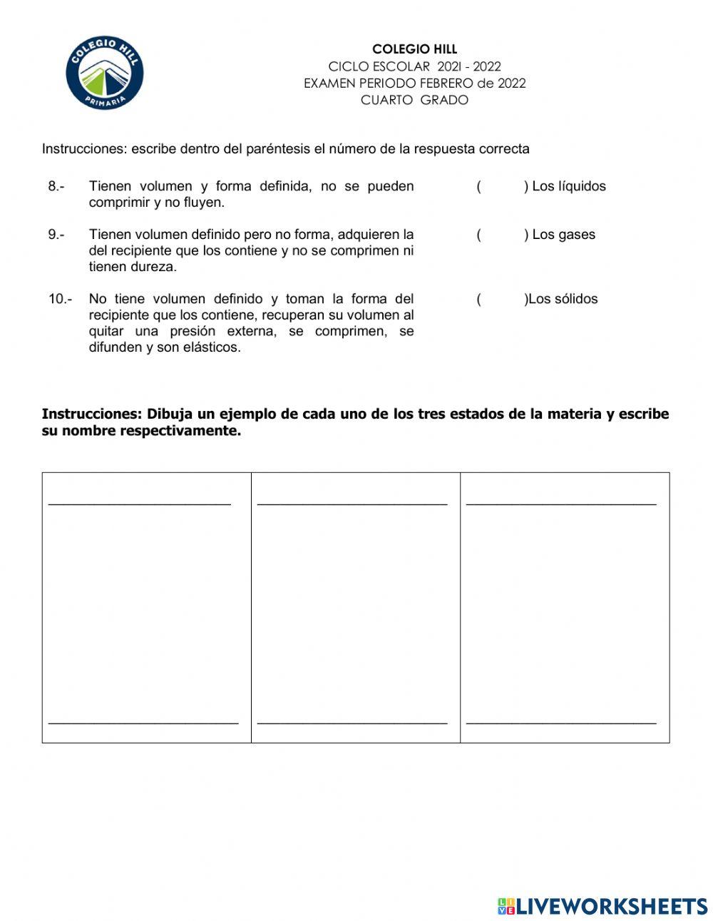 Examen ciencias naturales 4°