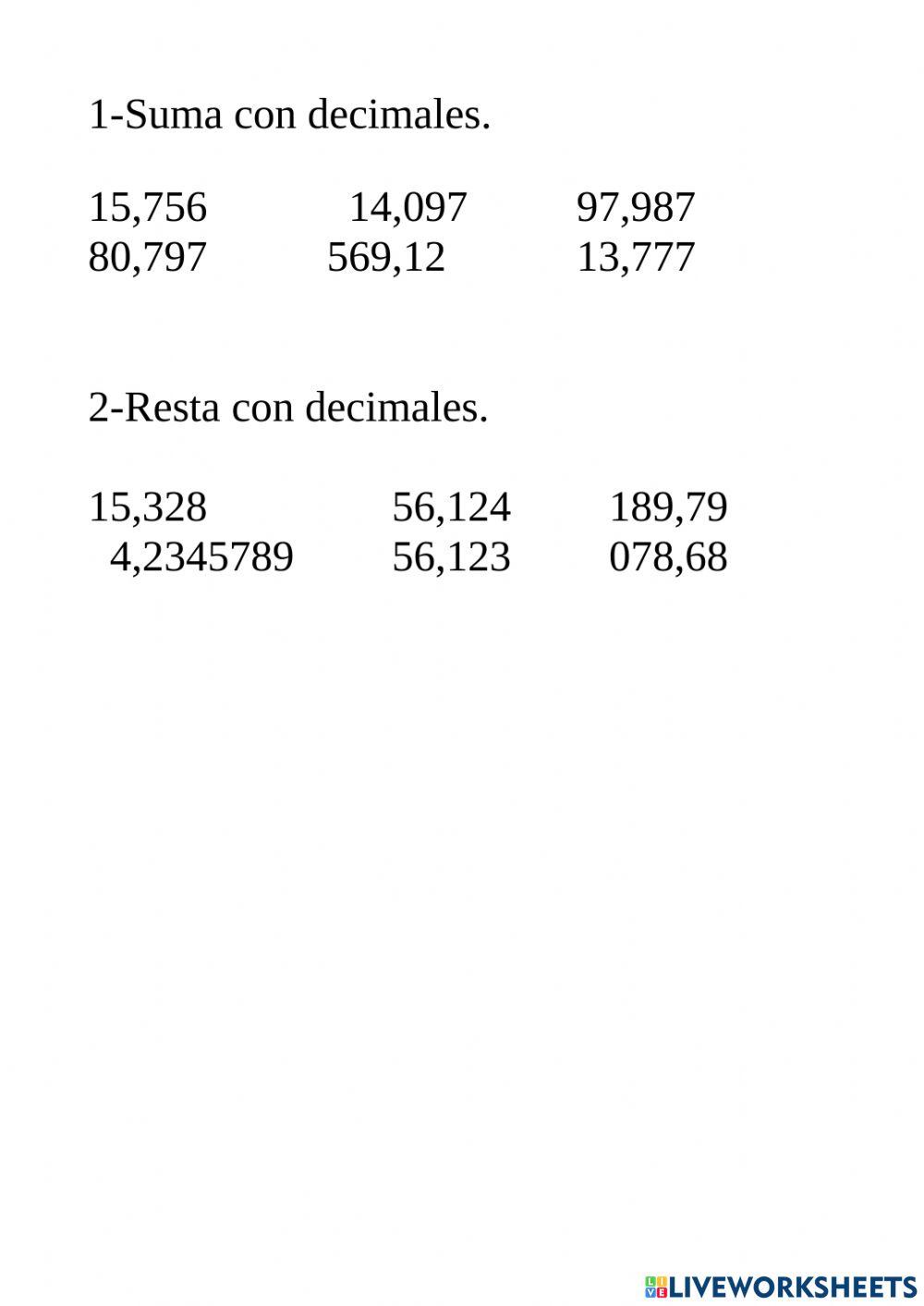 Sumas y restas con números decimales.