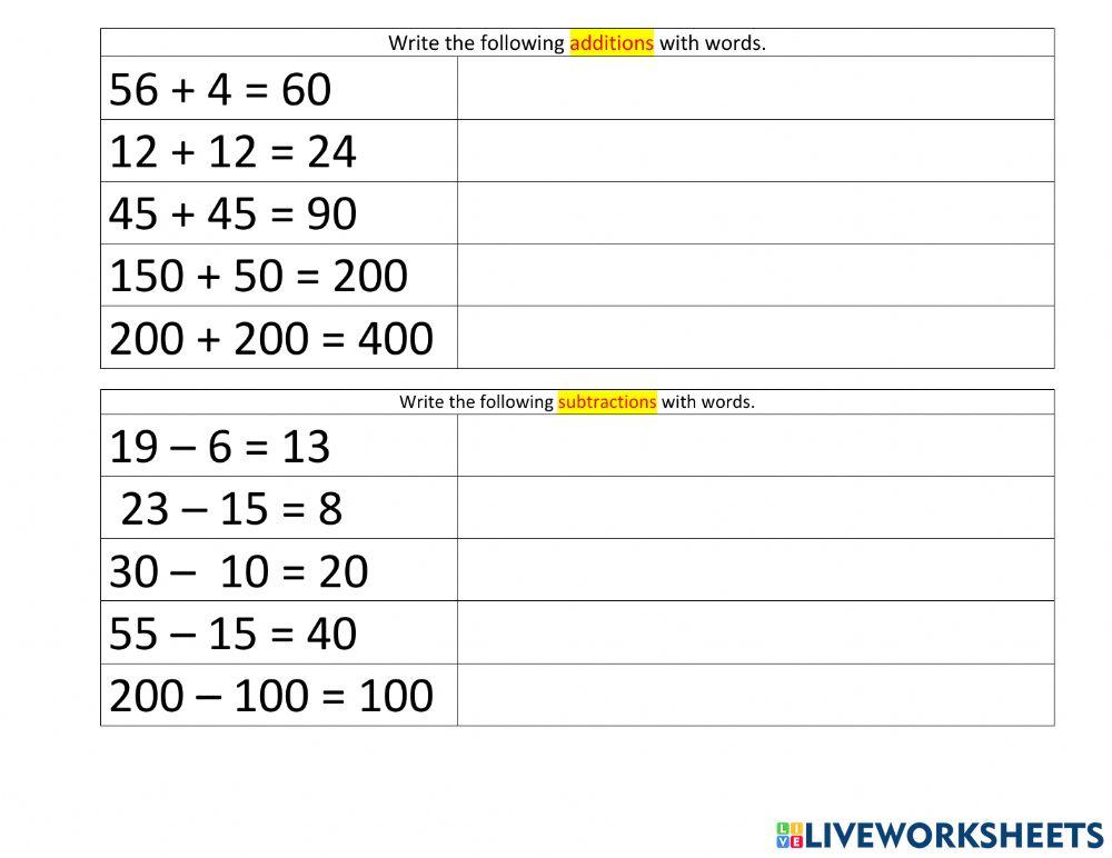 Additions and Subtractions online exercise for First Live Worksheets