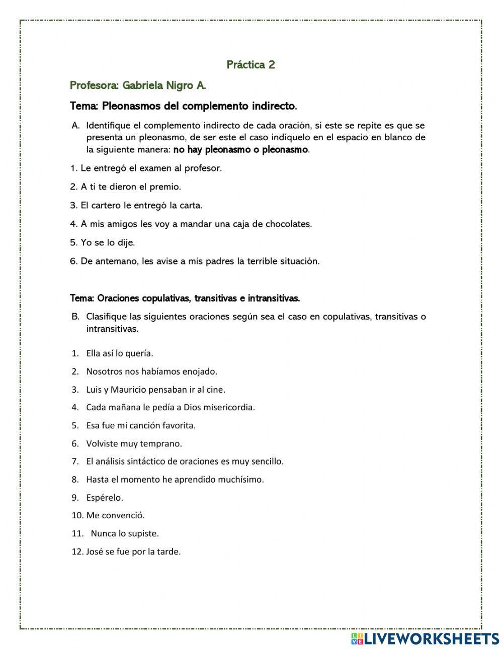 Análisis sintáctico de oraciones copulativas, transitivas e intransitivas