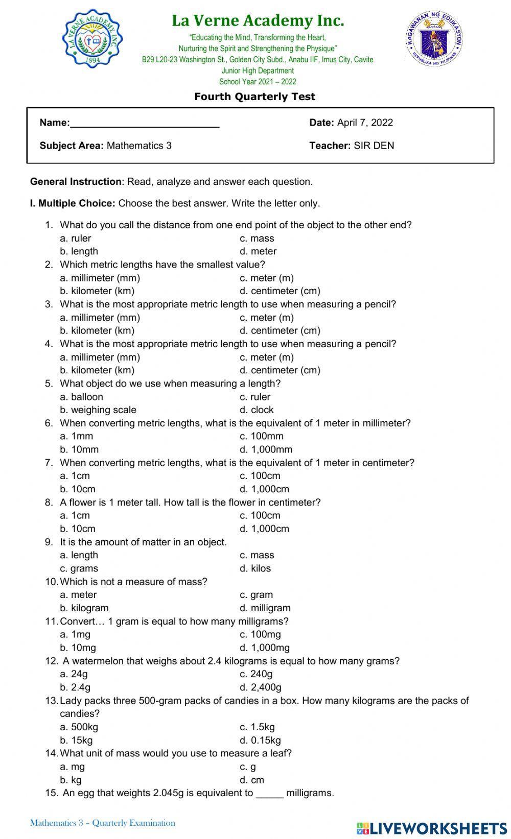G3 - Quarterly Exam G3 - Quarterly Exam