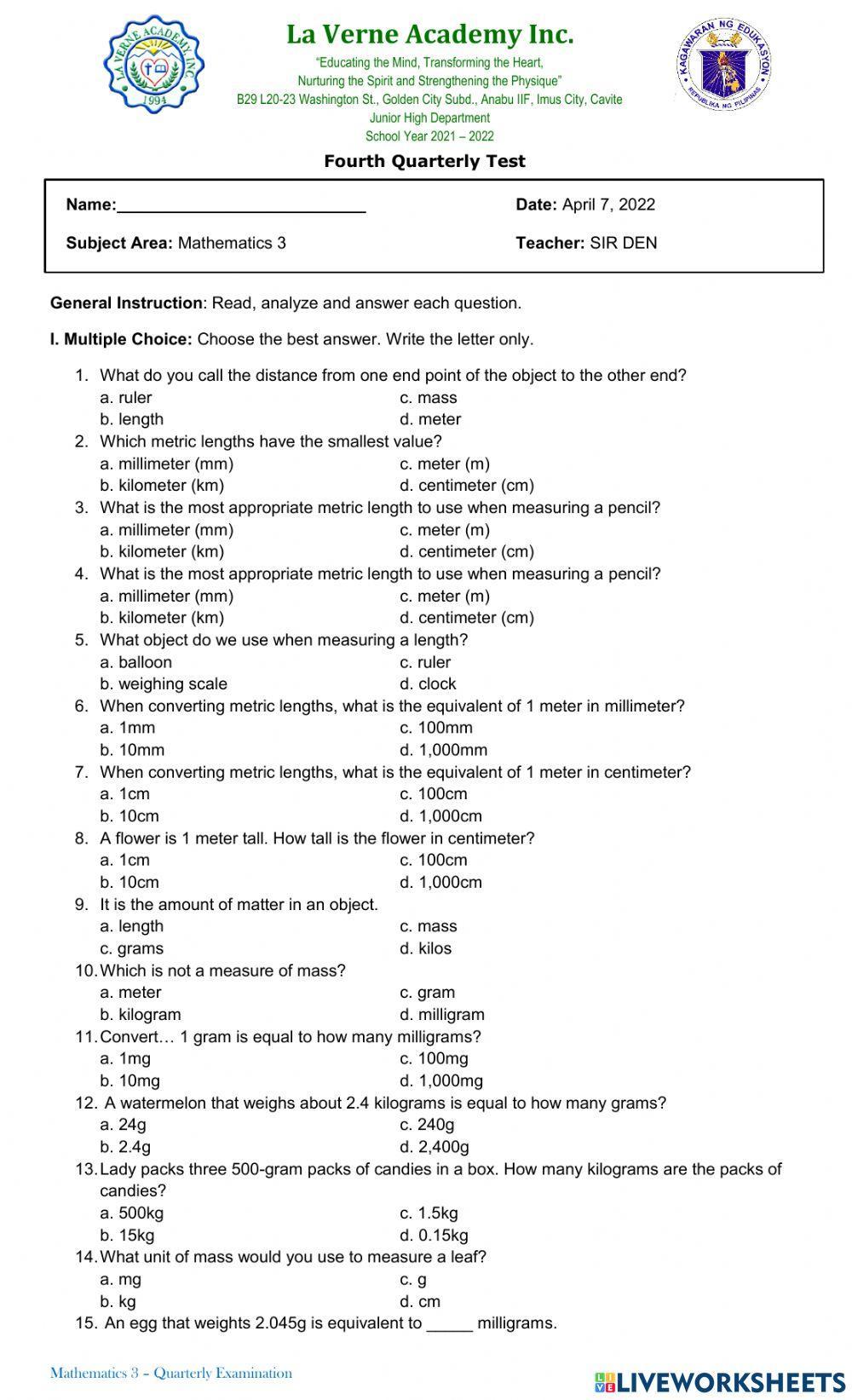 G3 - Quarterly Exam