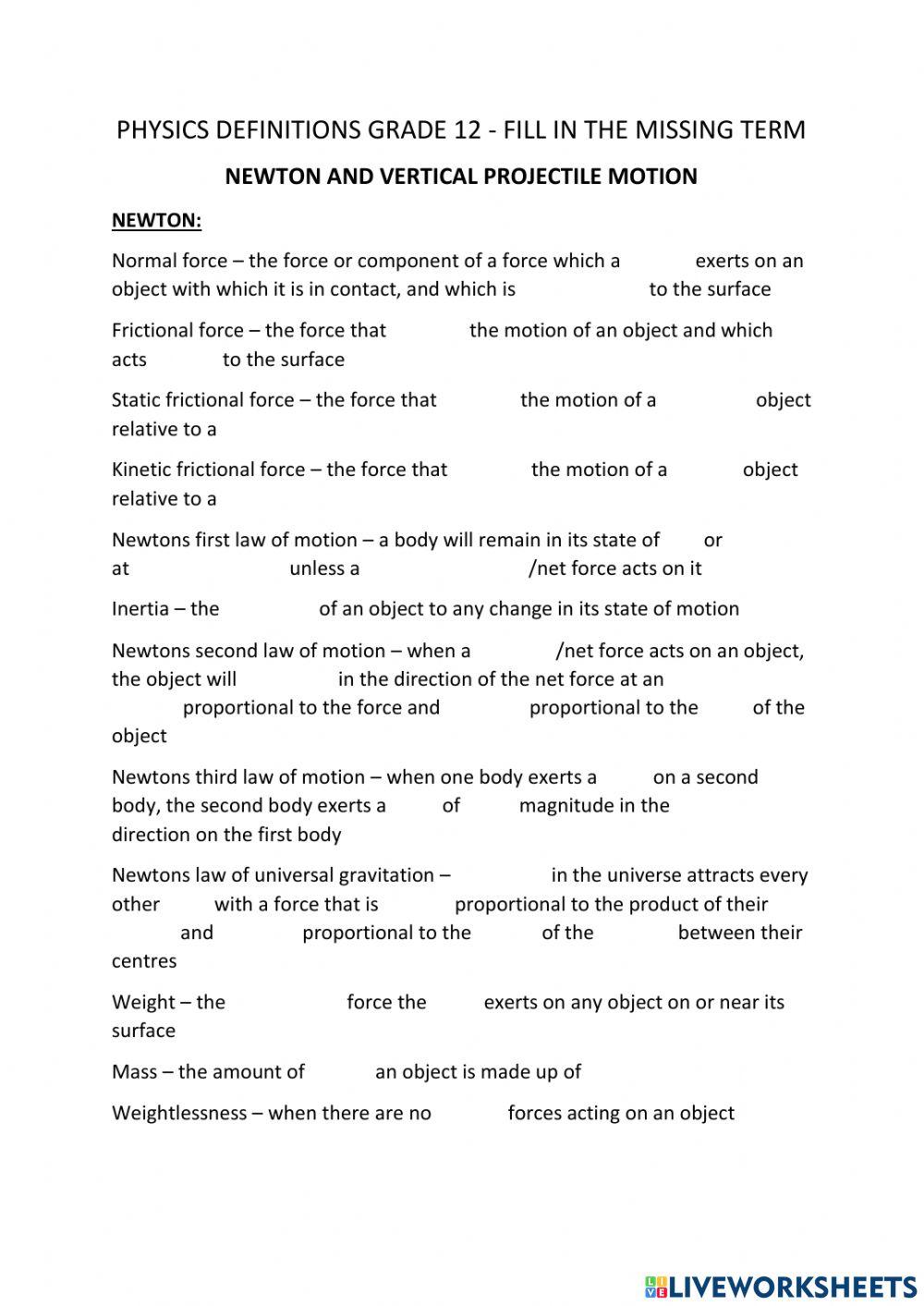 Grade 12 Newton and Vertical Projectile Motion Definitions