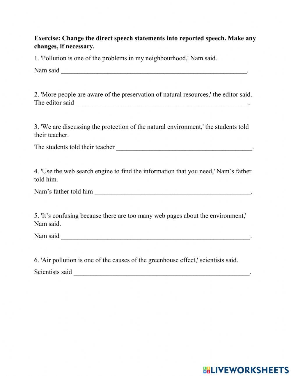 Reported speech online exercise for 10 | Live Worksheets