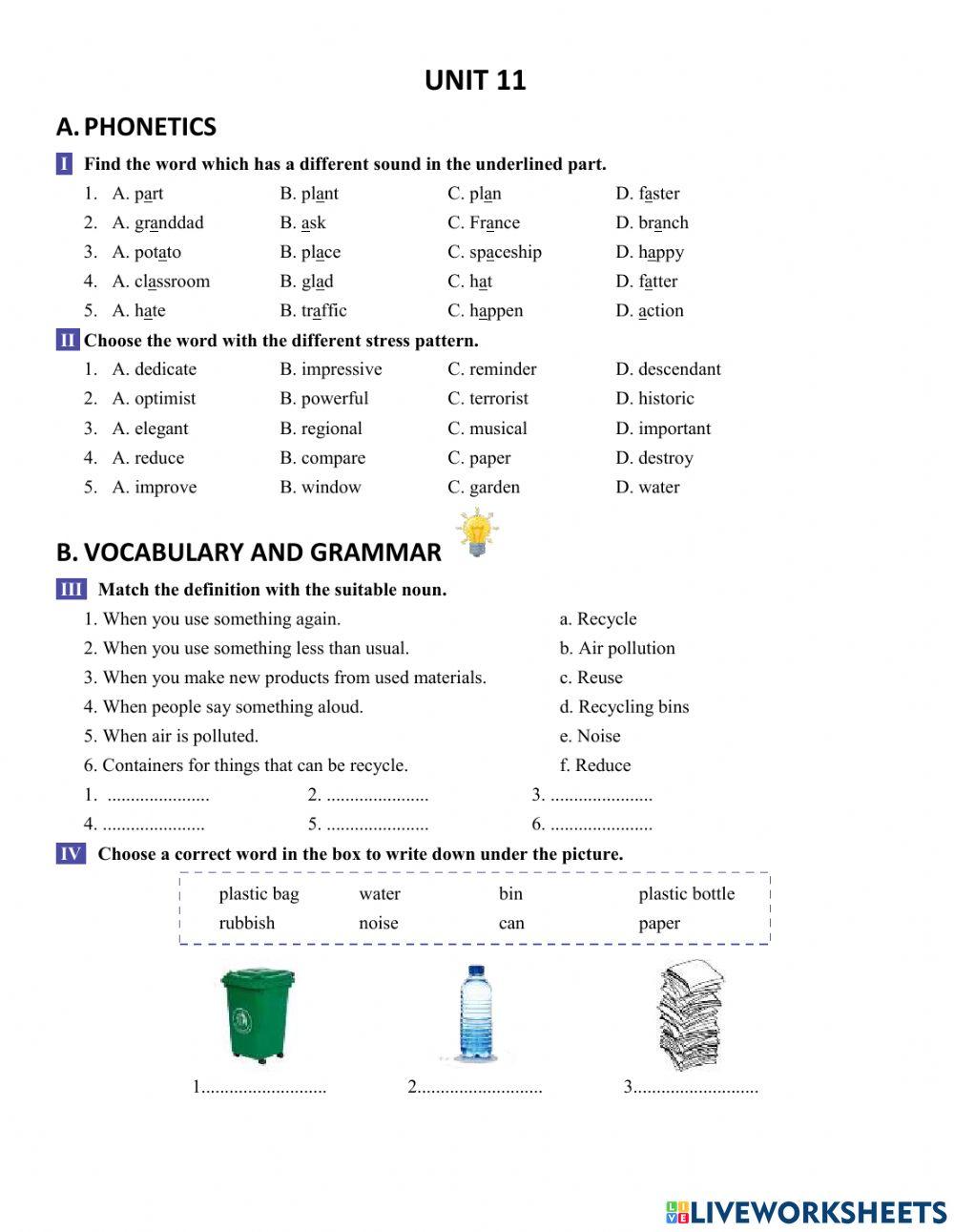 Tieng anh 6 unit 11 online exercise for live worksheets