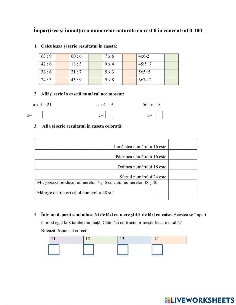 Împărțirea și inmulțirea clasa a II a