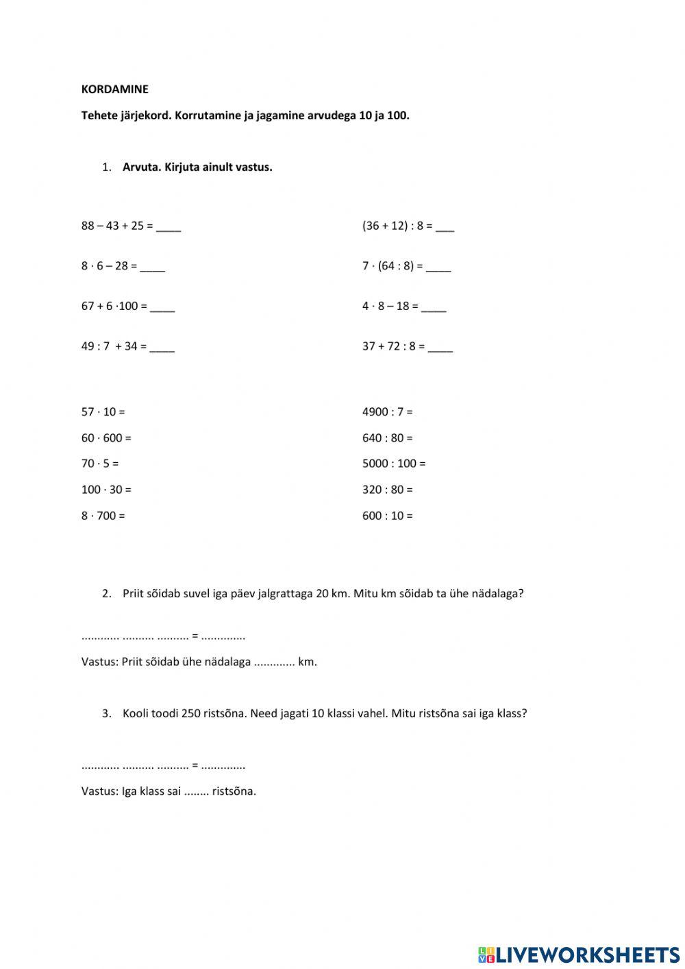 Tehete järjekord, korrutamine ja jagamine. 3. klass