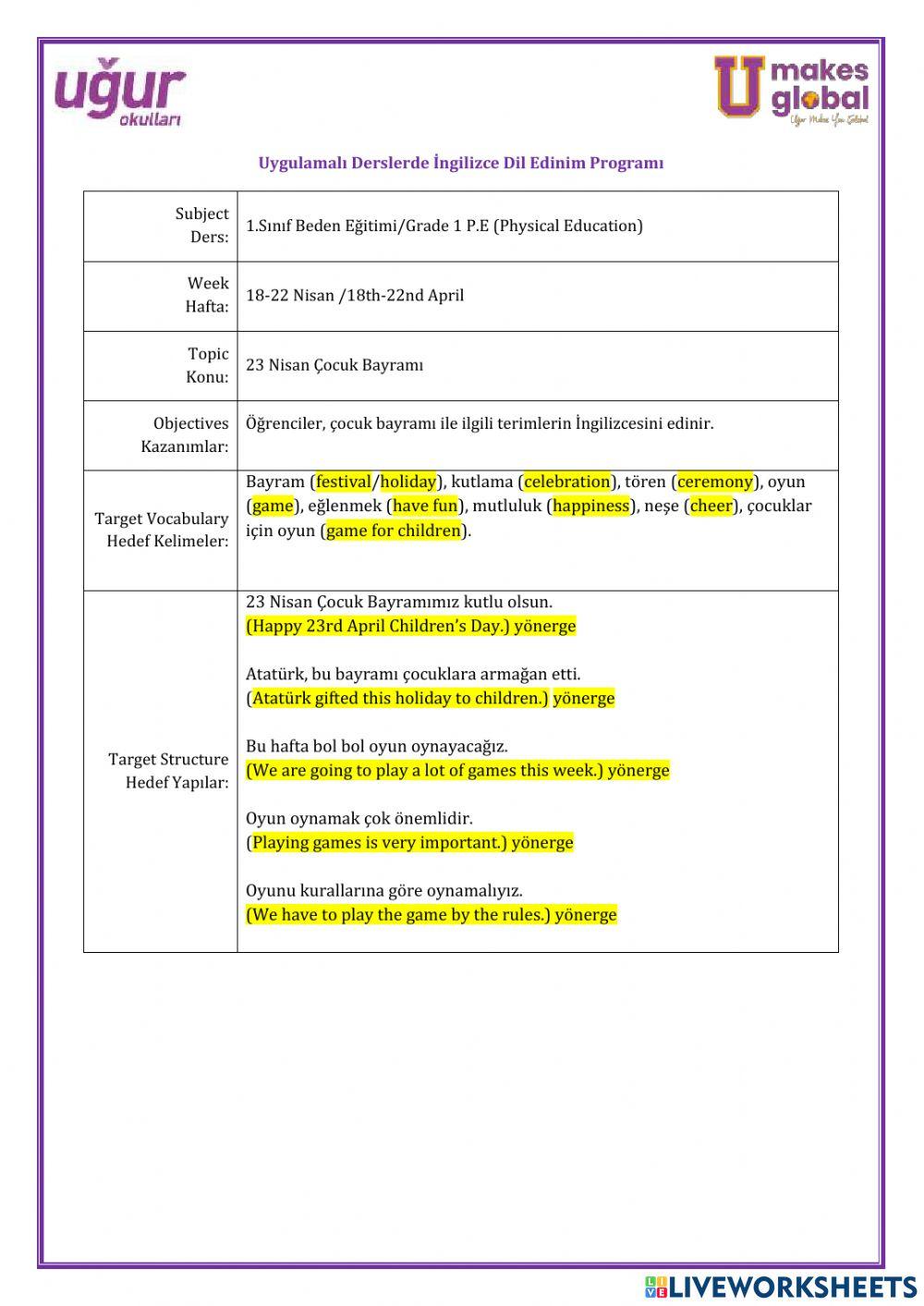 Beden Eğitimi-1.Sınıf-18-22 Nisan
