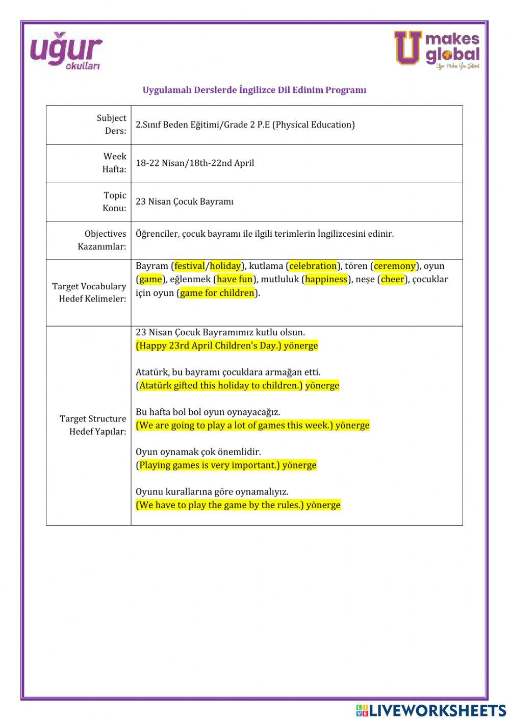 Beden Eğitimi-2.Sınıf-18-22 Nisan