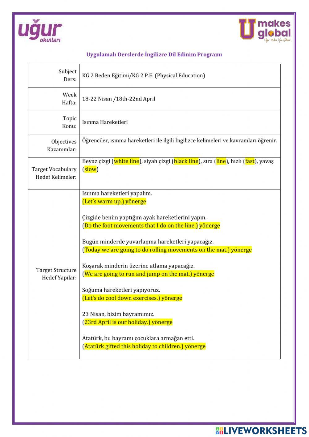 Beden Eğitimi-KG 2-18-22 Nisan