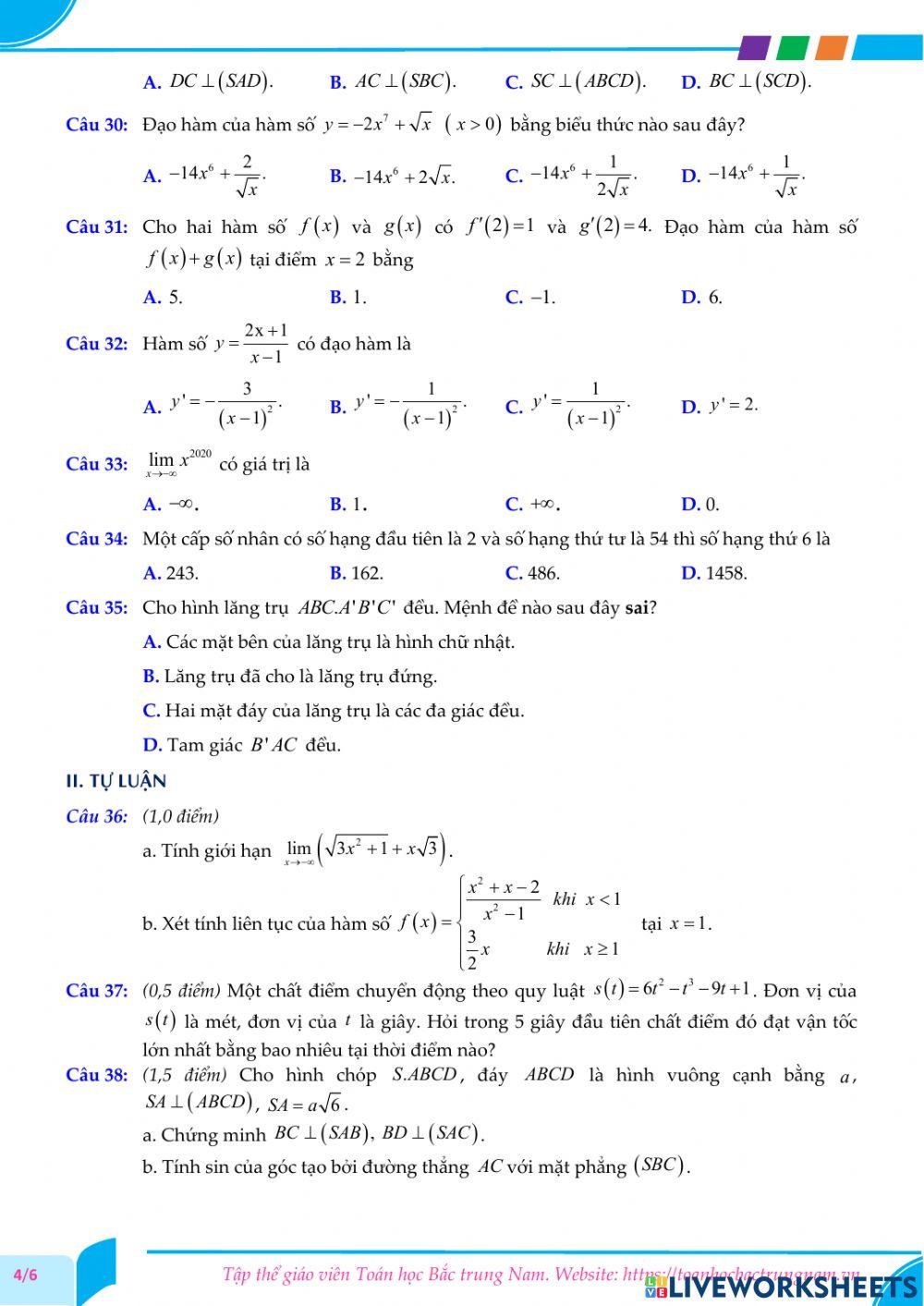 Toán 11-Kiểm tra CK2-THPT Lương Ngọc Quyến, Thái Nguyên-2021