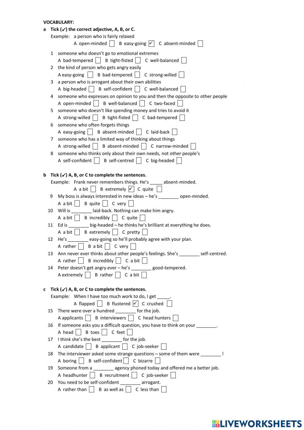 Auxiliaries, personality adjectives and vocabulary