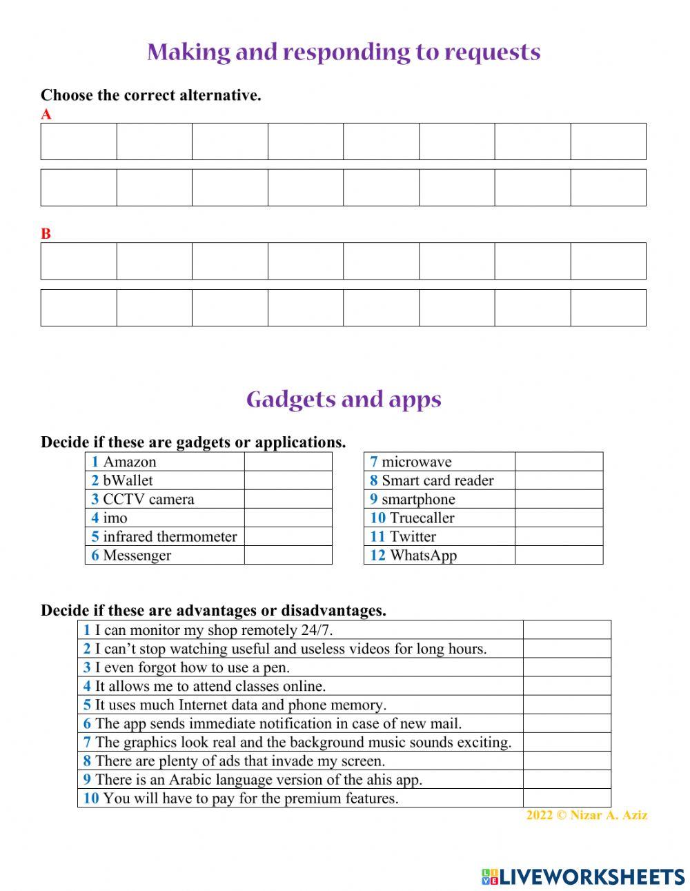 Making and responding to requests & Gadgets and Apps worksheet | Live ...