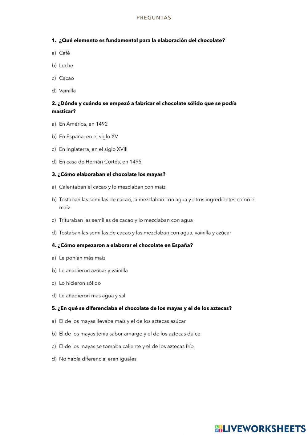 Comprensión Lectora: La historia del Chocolate