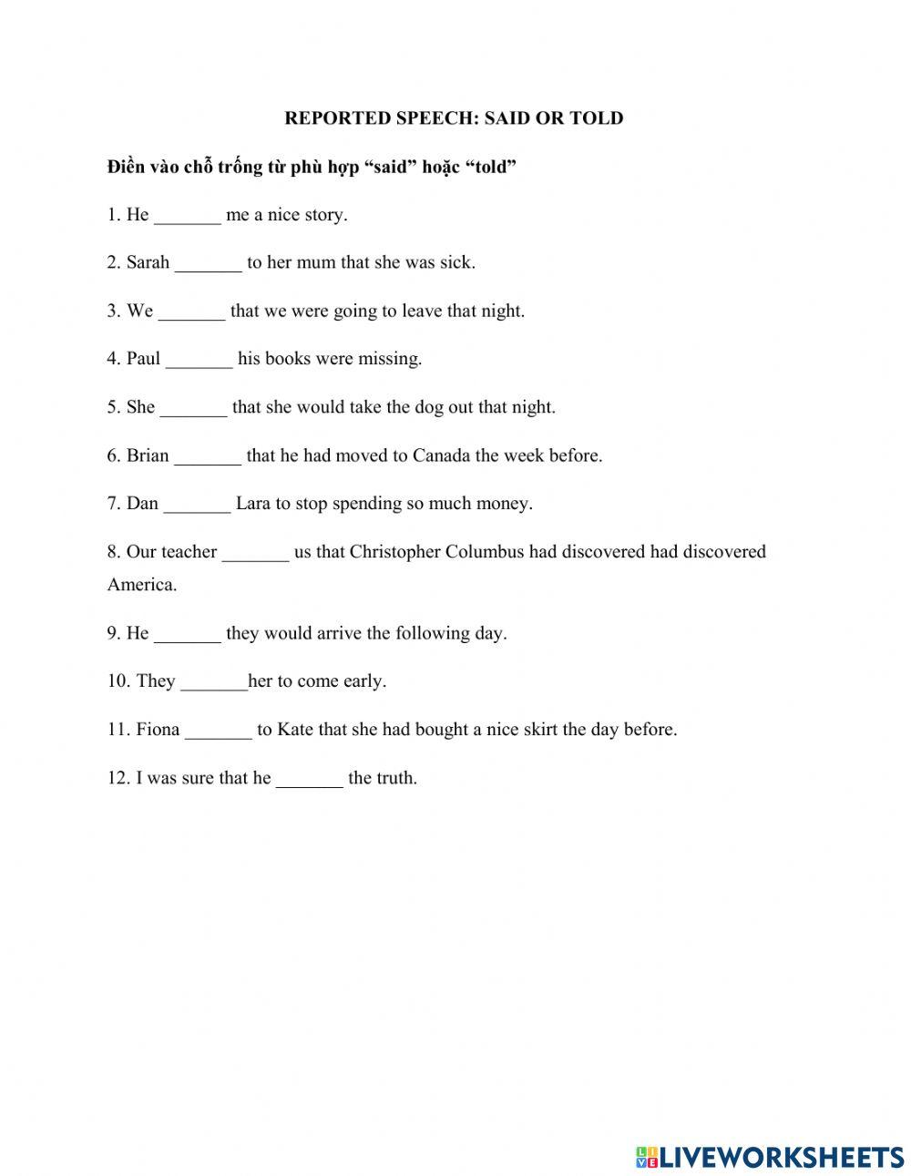 Reported speech online exercise for grade 8 | Live Worksheets