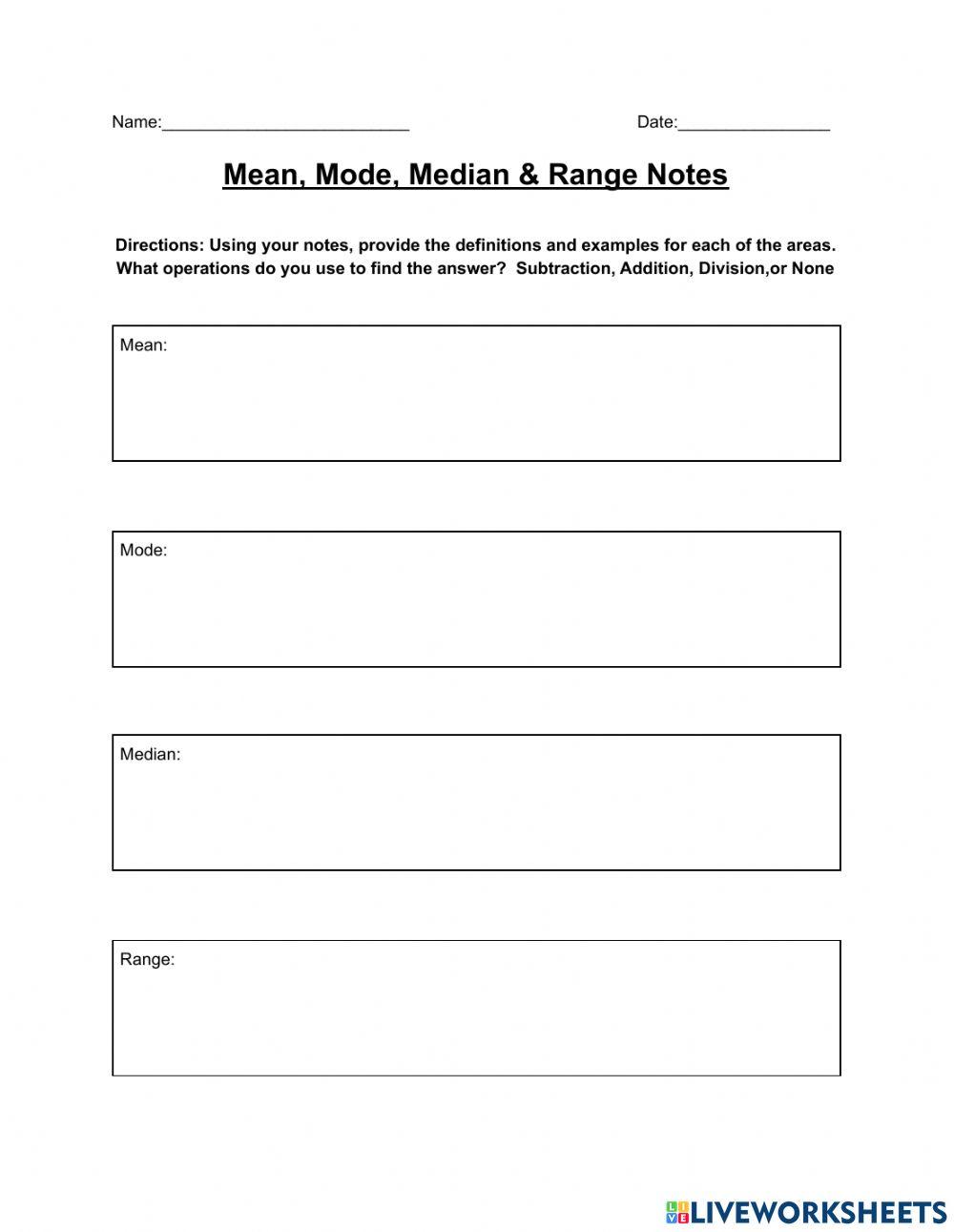 Mean, Mode, Median and Range Notes worksheet | Live Worksheets
