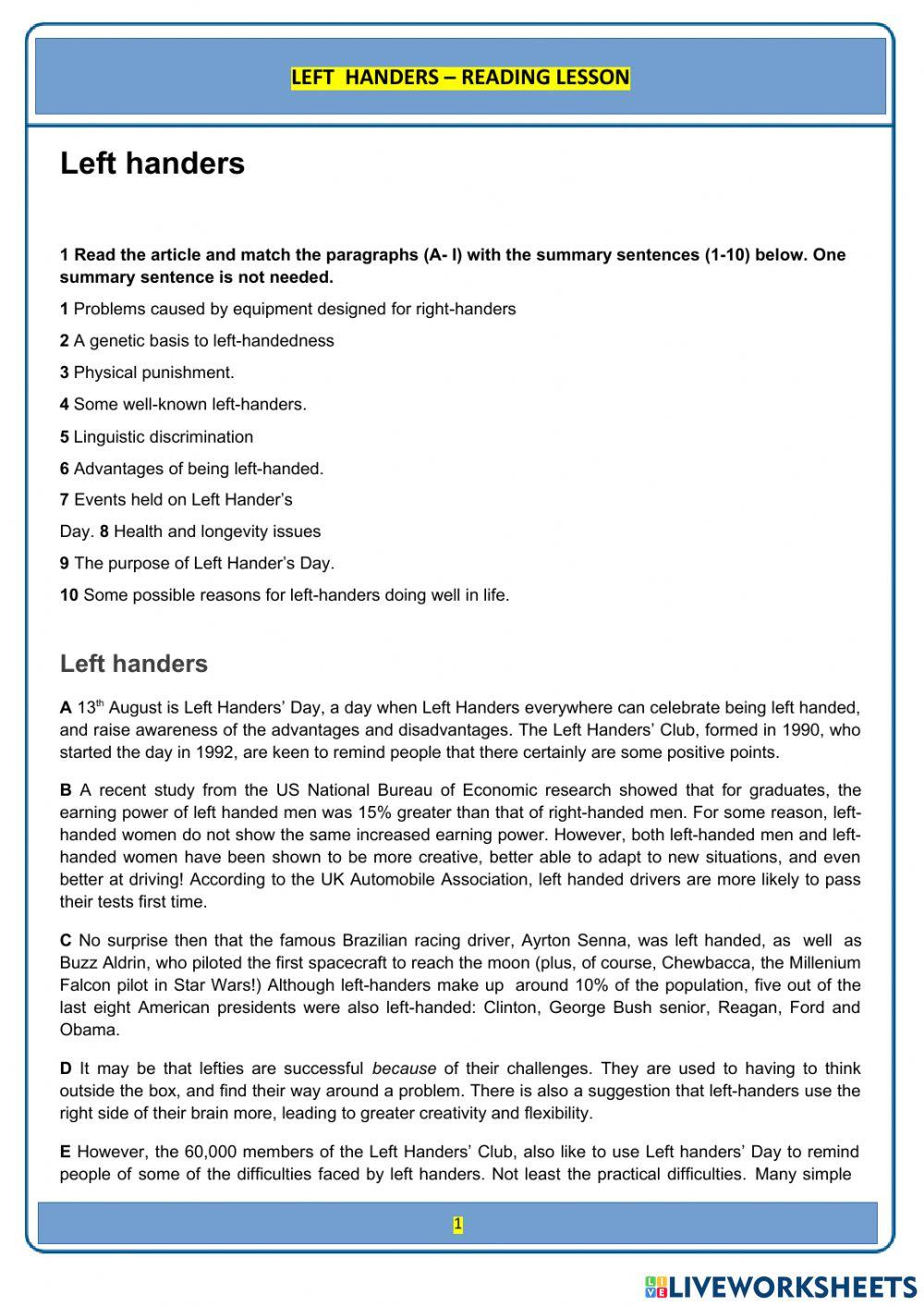 Left handers reading 1 - c1