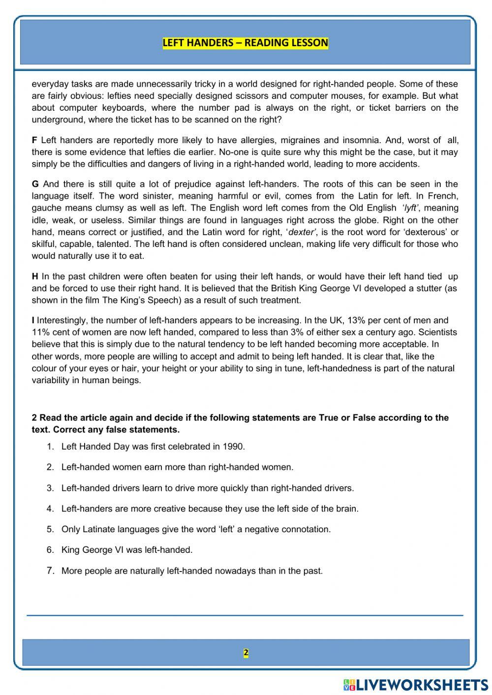 Left handers reading 1 - c1