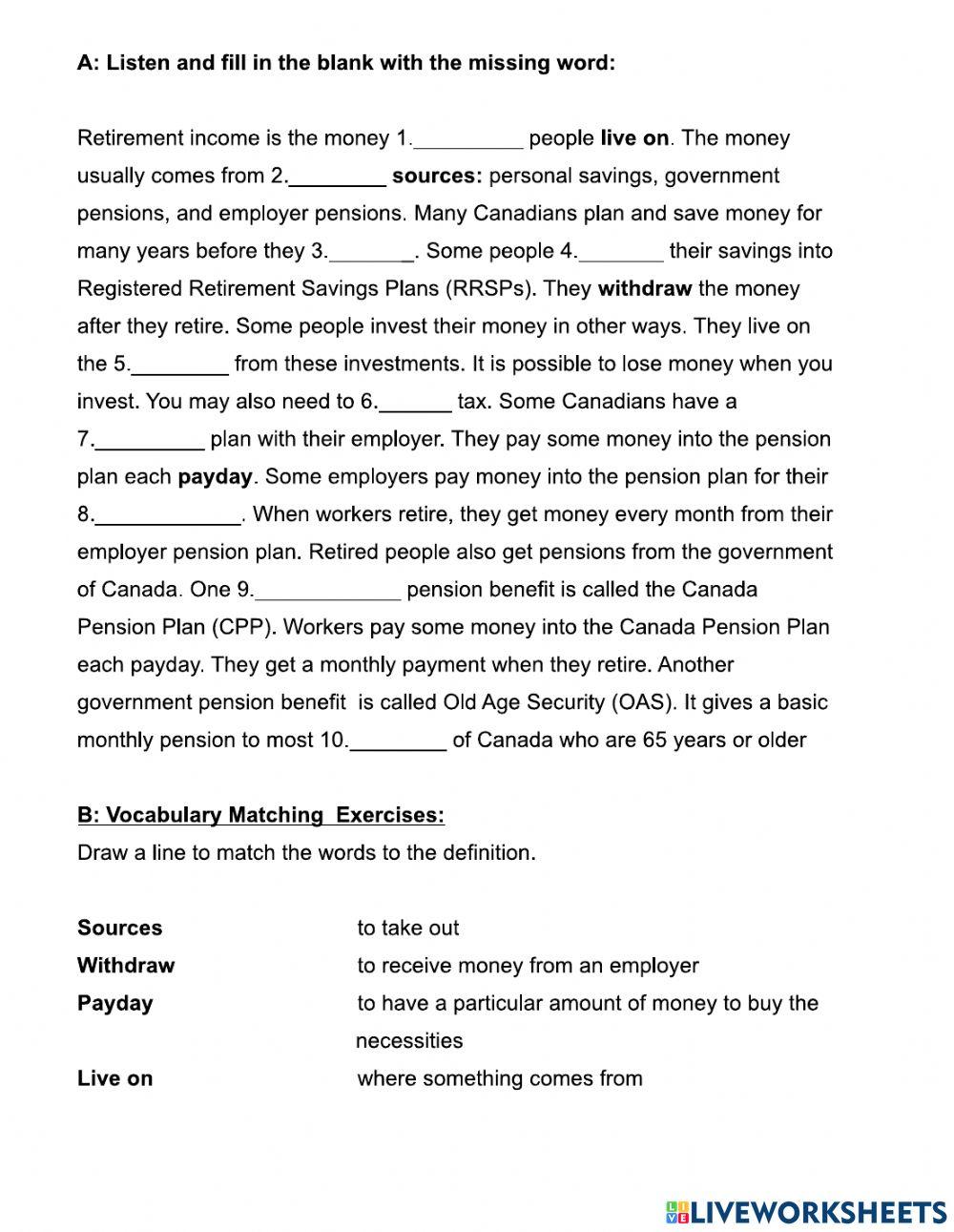 RRSP and Pensions Fill in Blank